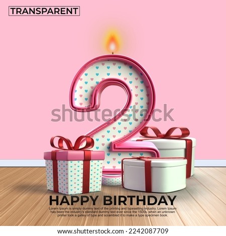 3D render number of Happy Birthday years. 2 anniversary of the birthday, Candle in the form of numbers with 3D gift elements. Vector illustration, pink color
