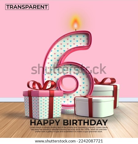 3D render number of Happy Birthday years. 6 anniversary of the birthday, Candle in the form of numbers with 3D gift elements. Vector illustration, pink color