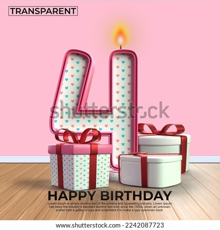 3D render number of Happy Birthday years. 4 anniversary of the birthday, Candle in the form of numbers with 3D gift elements. Vector illustration, pink color