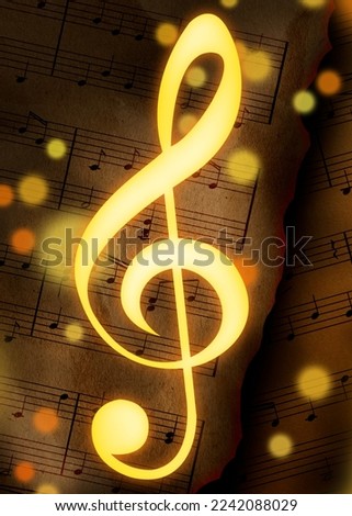 Golden treble clef and burnt sheets with music notes on background, bokeh effect. Beautiful illustration design