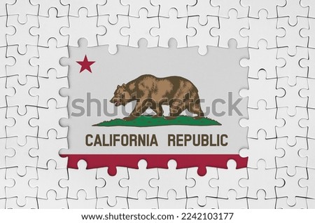 California US state flag in frame of white puzzle pieces with missing central parts