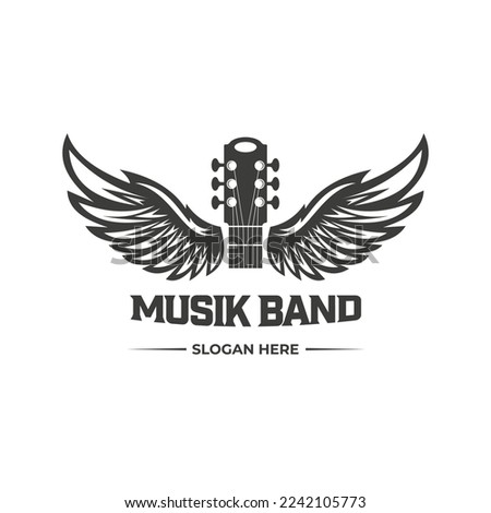 Vintage Retro Guitar Wings Music Logo Design Vector. Acoustic guitar logo. Music shop vintage grunge style template design element