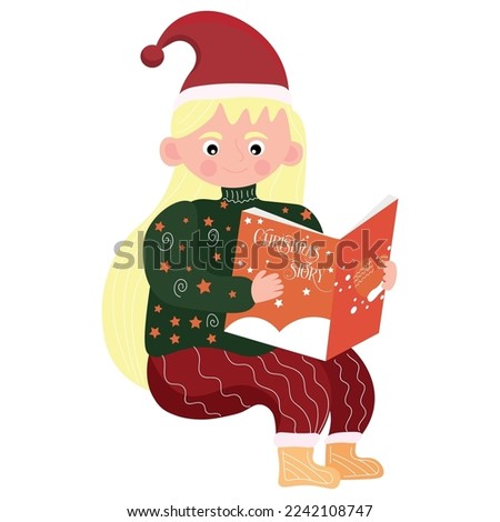 Cute little girl reading Christmas story on white background