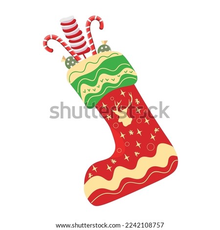 Stylish Christmas sock with candies on white background