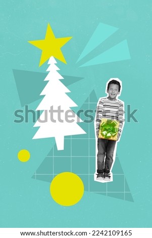 Vertical creative photo collage of funny excited cheerful small boy hold present gift box christmas tree isolated on blue color background