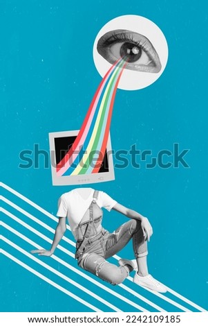 3d retro abstract creative artwork template collage of young woman screen tv computer instead head glass watching rainbow entertainment