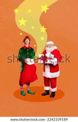 Creative photo 3d collage artwork postcard poster greeting picture of two fairy personages showing gifts isolated on painting background