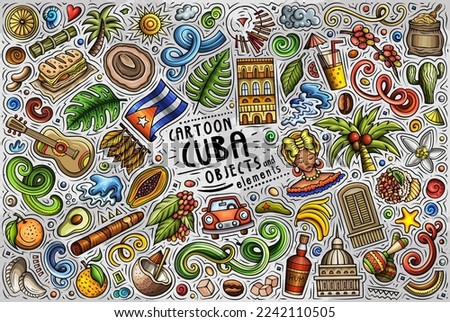 Cartoon vector doodle set of Cuban traditional symbols, items and objects