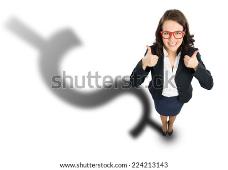 Top view of young businesswoman showing thumbs up
