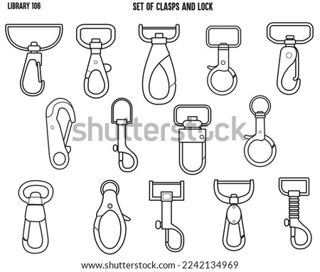 CLASPS, ACCESSSORIES FASTNERS  BAGS FASTNERS, BACKPACK FASTNERS AND LOCK FLAT SKETCH VECTOR ILLUSTRATION SET Royalty-Free Stock Photo #2242134969