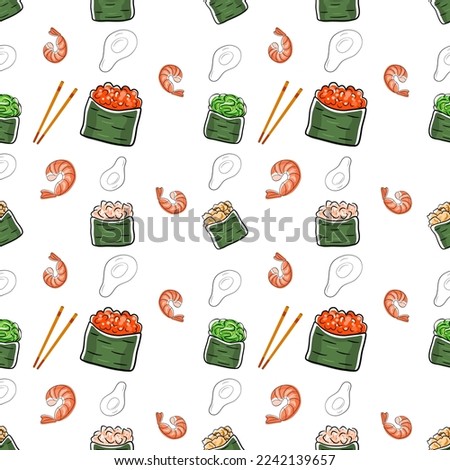 Delicious seamless sushi pattern, containing ikura gunkan, chukka gunkan, chopsticks, prawns and avocado. 