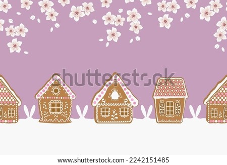 Easter seamless border. Gingerbread village. Spring landscape. gingerbread houses, blooming branches trees, Easter bunny ears on purple background. Greeting card template. Vector Royalty-Free Stock Photo #2242151485