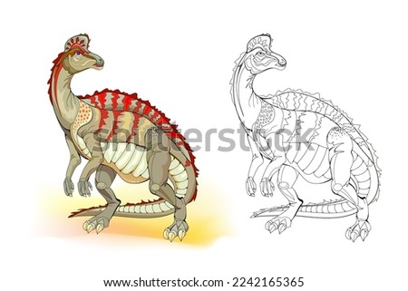 Colorful and black and white page for coloring book. Illustration of corythosaurus. Printable worksheet for children exercise book. Online education. Clip-art cartoon vector. Animals for kids.