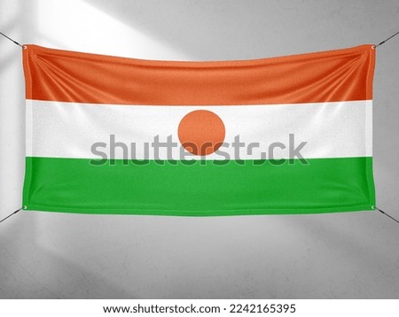 Niger national flag cloth fabric waving on beautiful grey sky.