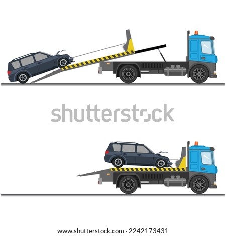 Tow truck. Evacuation vehicle. Roadside Assistance service. The faulty car was loaded onto a tow truck. Vehicle repair service that provides assistance to damaged or salvaged cars. Roadside assistance Royalty-Free Stock Photo #2242173431