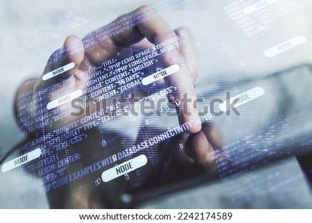 Multi exposure of abstract creative coding sketch with world map and finger presses on a digital tablet on background, artificial intelligence and neural networks concept Royalty-Free Stock Photo #2242174589