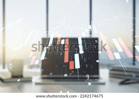 Creative abstract global crisis chart with world map sketch on modern laptop background, falling markets and collapse of global economy concept. Multiexposure