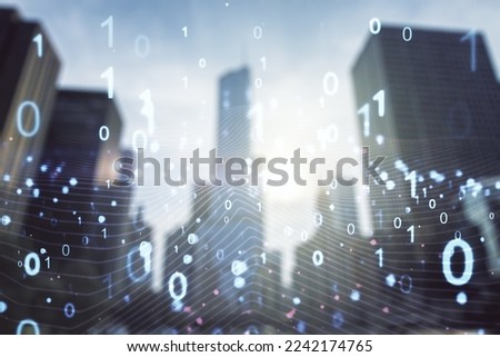 Abstract virtual binary code illustration on office buildings background. Big data and coding concept. Multiexposure