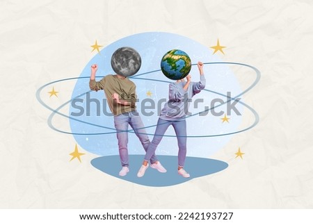 Creative collage image of two people moon planet earth instead head dancing chilling painted orbit stars isolated on drawing background Royalty-Free Stock Photo #2242193727