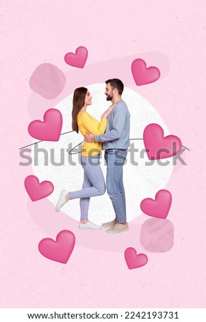 Vertical collage picture of two cheerful people embrace look each other isolated on creative hearts background