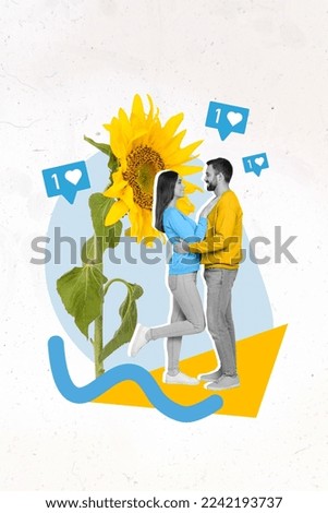 Vertical collage image of two positive partners black white colors cuddle big sunflower like notification ukrainian blue yellow colors