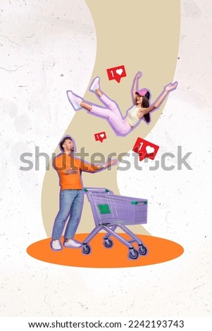 Vertical collage picture of smiling guy arms catch falling excited girl like notification market trolley isolated on drawing background