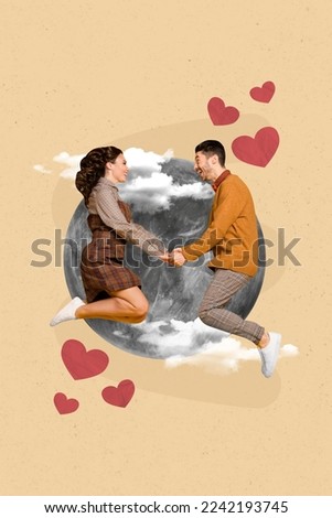 Vertical collage picture of two overjoyed people hold arms jumping drawing hearts huge moon clouds isolated on creative background