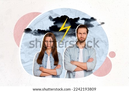 Composite collage of two unsatisfied partners crossed arms fight quarrel painted thunder storm cloud lighting isolated on creative background