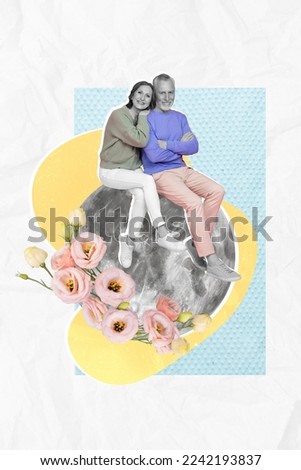 Vertical collage image of two black white gamma aged people cuddle sit huge moon fresh rose flowers isolated on painted background