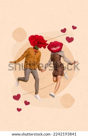 Vertical collage picture of two partners hold arms jumping running red plump lips carnation flower instead head isolated on painted background