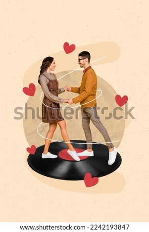Vertical collage picture of two positive lovely people hold arms dancing huge vintage vinyl record isolated on drawing background