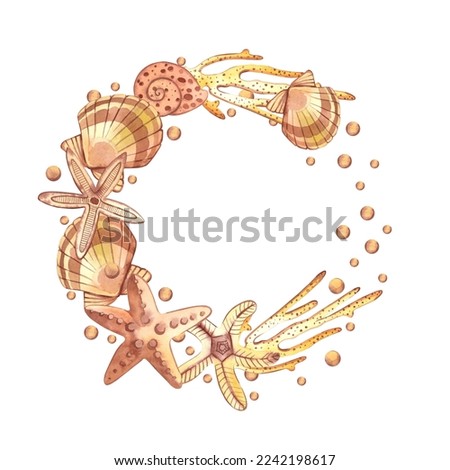 Wreath of shells, corals and starfish in beige on a white background. All elements are hand painted in watercolor. Suitable for printing, design, packaging, book.