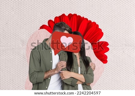 Creative photo 3d collage artwork poster postcard of tender sweet couple cuddle kiss celebrate anniversary isolated on painting background