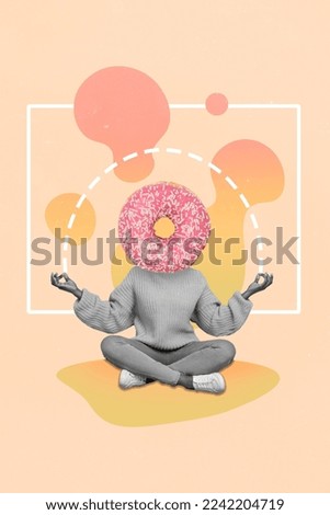 Creative photo 3d collage artwork poster postcard of girl refuse sweets try avoid stress by meditation isolated on painting background