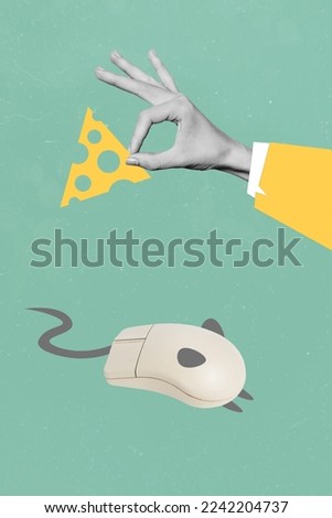 Artwork magazine collage picture of arm catching cheese vintage computer mouse isolated drawing background