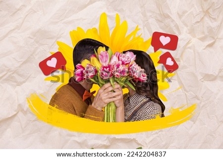 Creative photo 3d collage artwork poster postcard of wife husband close faces celebrate anniversary march isolated on painting background Royalty-Free Stock Photo #2242204837