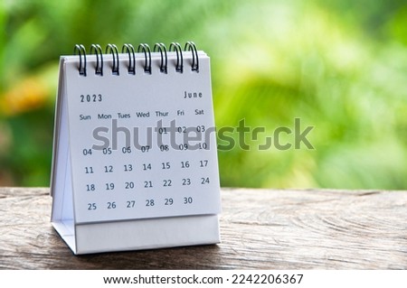 June 2023 table calendar with customizable space for text or ideas. Monthly calendar concept and copy space. Royalty-Free Stock Photo #2242206367