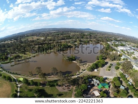 The aerial drone point of view in panoramic photography at Belvoir Park with lake abundant in Wodonga is a city on the Victorian side of the border with New South Wales.