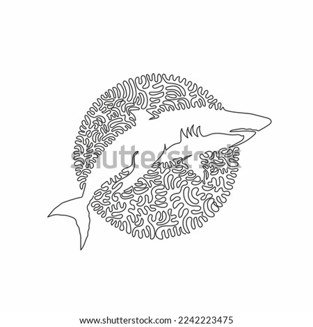 Continuous one curve line drawing of scary shark abstract art in circle. Single line editable stroke vector illustration of fierce carnivores for logo, wall decor and poster print decoration