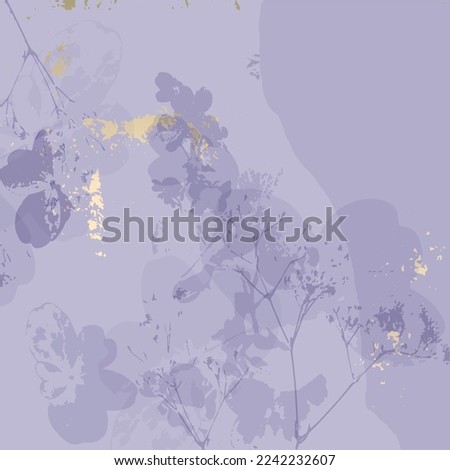 chic floral  background with botanical floral motifs and gold foil touch in purple lilac color palette