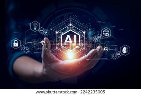 Businessman touching the brain working of Artificial Intelligence (AI) 
Automation, Predictive analytics, Customer service AI-powered chatbot, analyze customer data, business and technology Royalty-Free Stock Photo #2242235005