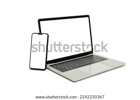 Computer, laptop and smartphone, display. on white background workspace mock up design.  Royalty-Free Stock Photo #2242250367