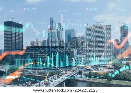 Aerial panorama city view of Philadelphia financial downtown at day time, Pennsylvania, USA. Glowing forex candlesticks chart hologram. The concept of internet trading, brokerage and analysis