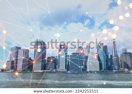 Skyline of New York City Financial Downtown Skyscrapers over East River from park, Dumbo at day time, Manhattan. Social media hologram. Concept of networking and establishing new people connections