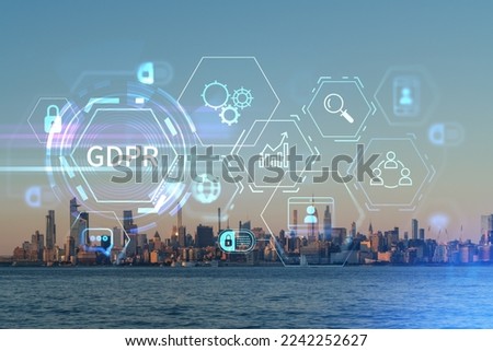 New York City skyline from New Jersey over Hudson River with Hudson Yards skyscrapers at sunset. Manhattan, Midtown. GDPR hologram, concept of data protection, regulation, privacy for all individuals