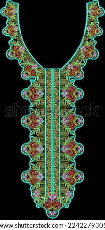 A beautiful embroidered motif with colorful trendy flowers and leaves for apparel design.