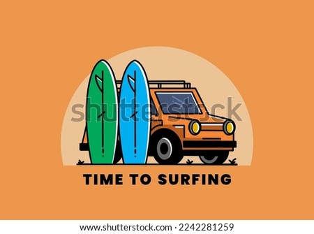 Illustration design of a small car and two surfboards