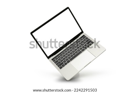 Desktop computer macbook laptop, 3d realistic rendering screen mockup on white background. Perspective, top, front and back laptop view Royalty-Free Stock Photo #2242291503