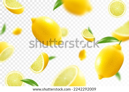 Lemon citrus background. Flying Lemon with green leaf on transparent background. Lemon falling from different angles. Focused and blurry fruits. Realistic 3d vector illustration . Royalty-Free Stock Photo #2242292009