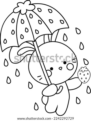 a vector of a bunny with a strawberry themed umbrella in black and white coloring